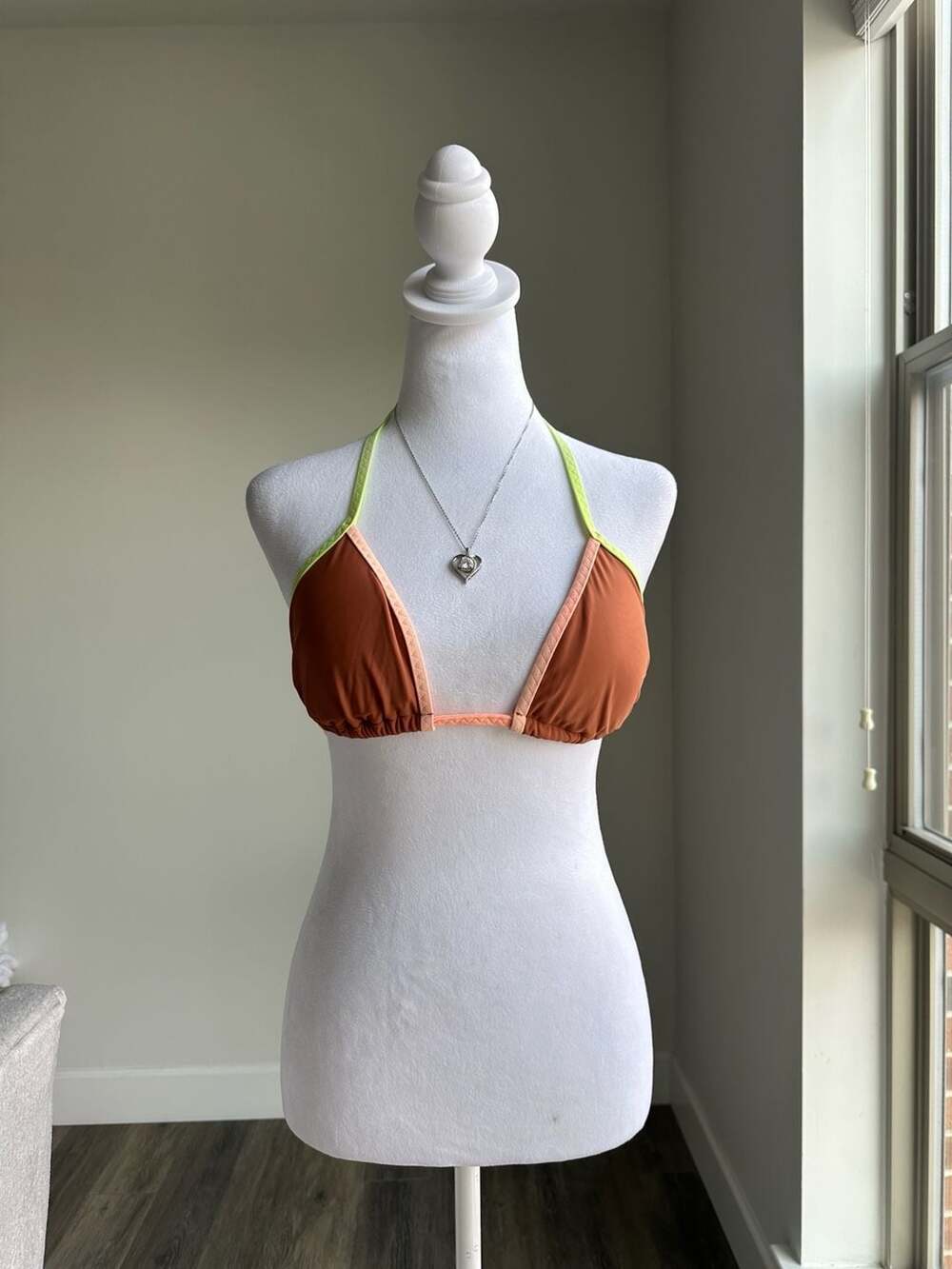 Aerie Colorblock Triangle Bikini Top Medium Brown Neon Yellow Orange Swim
